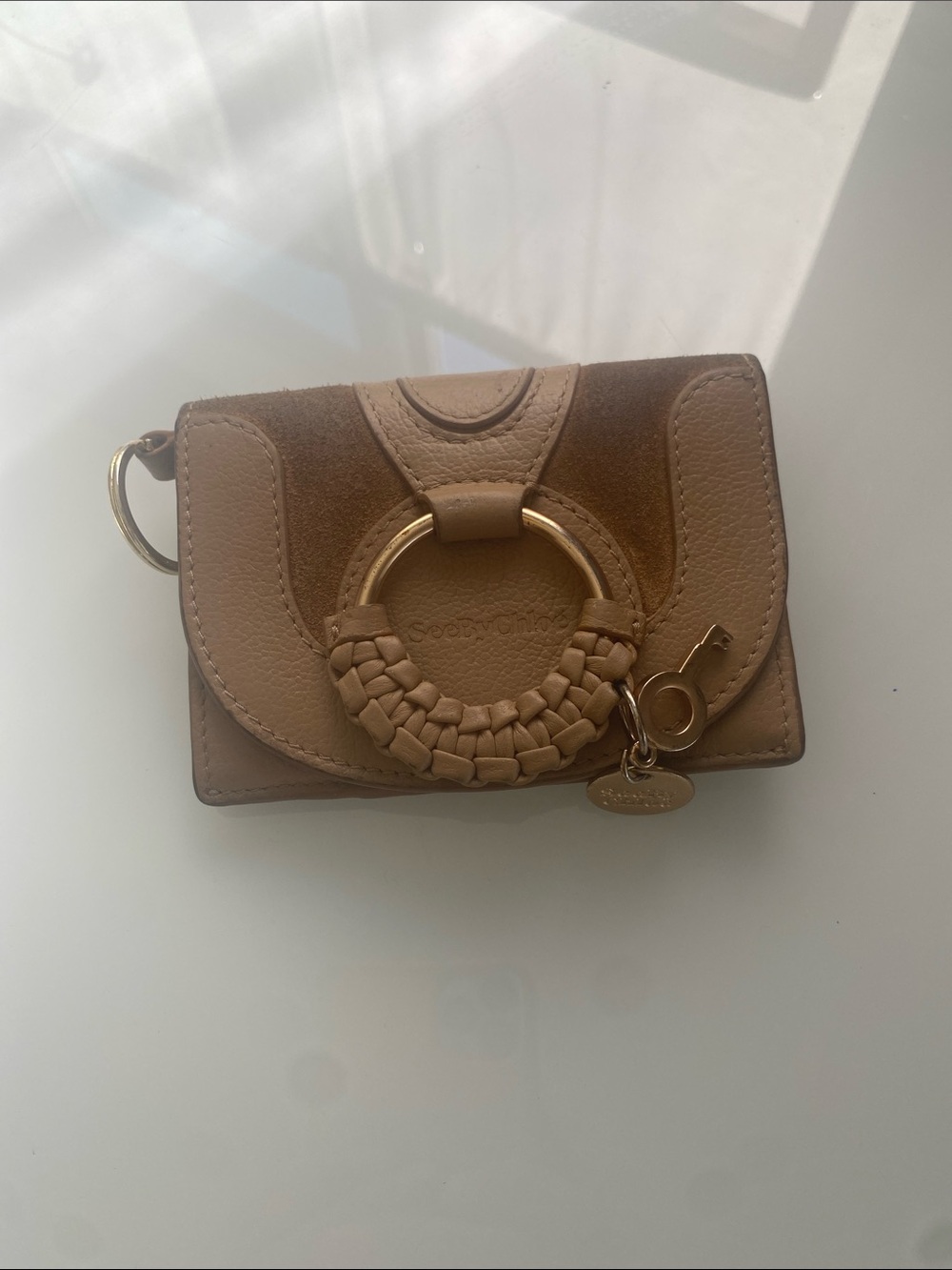 See By Chloe Beige & Tan/cream Leather Key Card Holder with Braided Ring